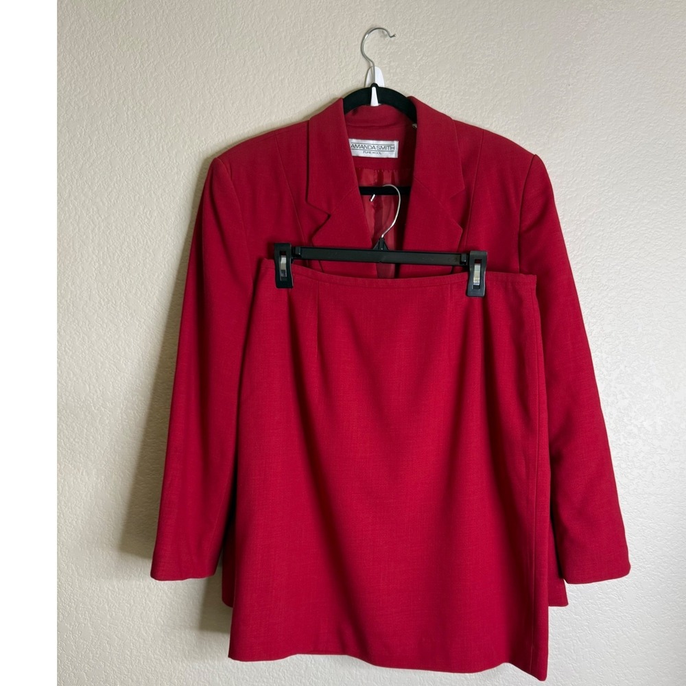 Amanda Smith Womens 14 Skirt Suit Red Pure Wool Blazer Pencil Skirt 2 Piece‎ Set